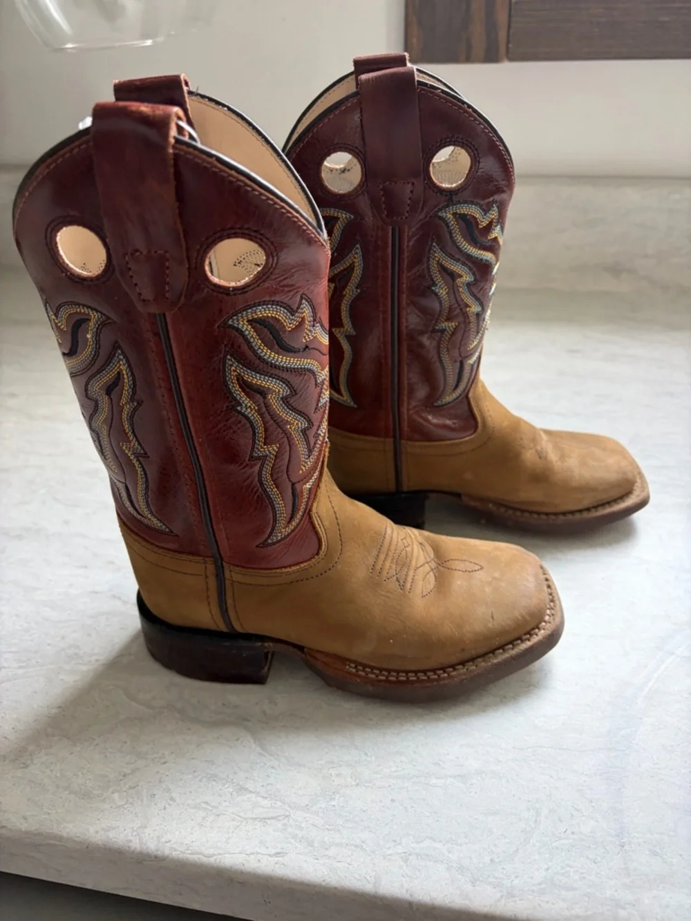 Old West Kids Two-Tone Cowboy Boots - Tan & Dark Brown